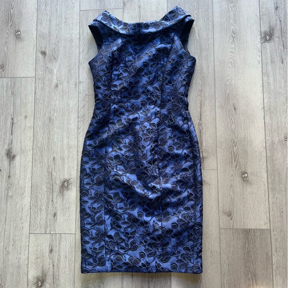 Badgley Mischka Formal Dress Boat Neck Blue Black Floral 10